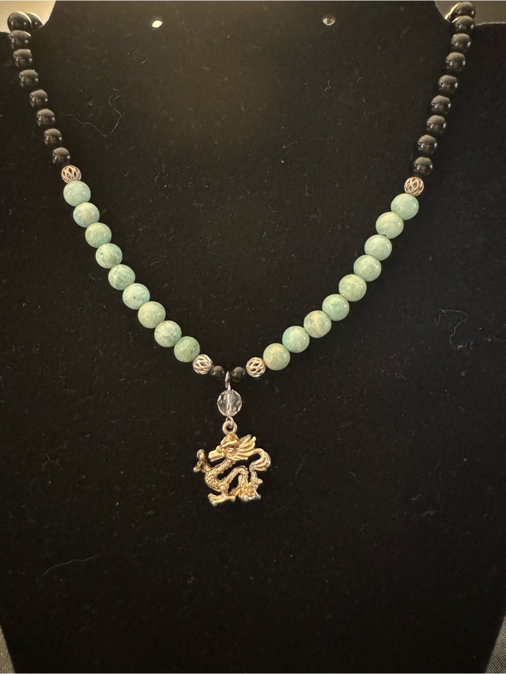 Dragon Pendant Gemstone Beaded Necklace - Amazonite & Onyx